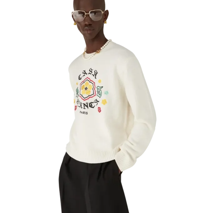 Pulover cu guler rotund din tricot de merino Emblem