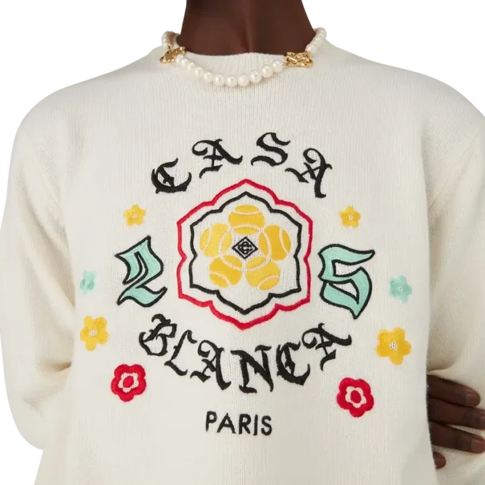 Pulover cu guler rotund din tricot de merino Emblem