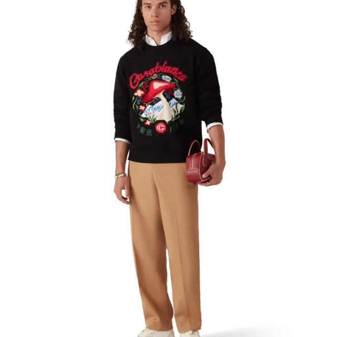 Pulover din bumbac brodat cu ciuperci