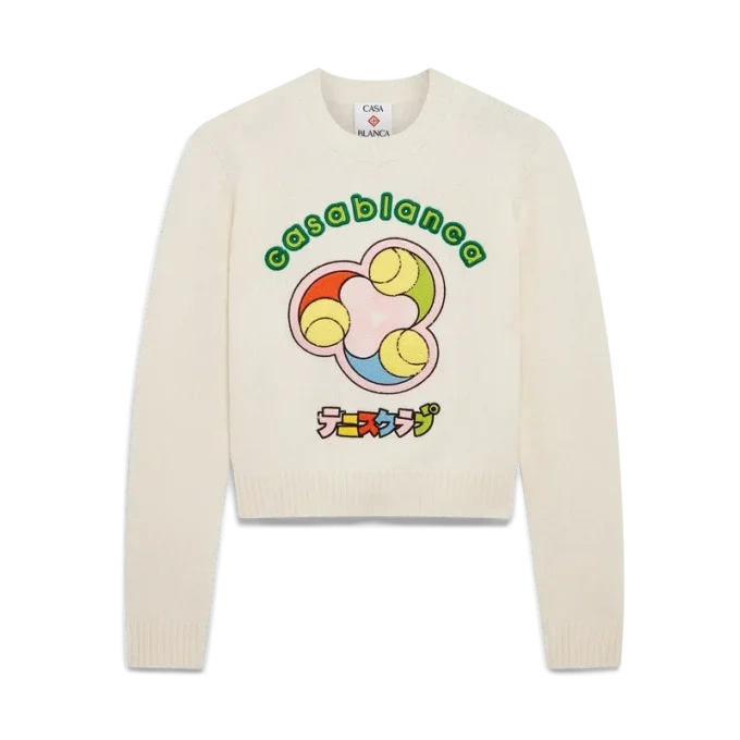 Tricou cu guler rotund din tricot merino cu imprimeu mingi de tenis