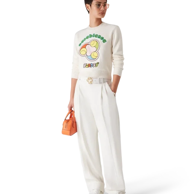 Tricou cu guler rotund din tricot merino cu imprimeu mingi de tenis