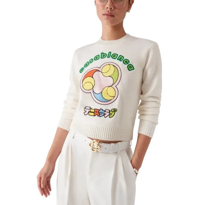 Tricou cu guler rotund din tricot merino cu imprimeu mingi de tenis