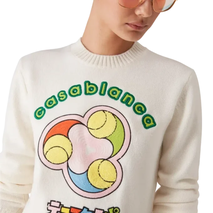 Tricou cu guler rotund din tricot merino cu imprimeu mingi de tenis