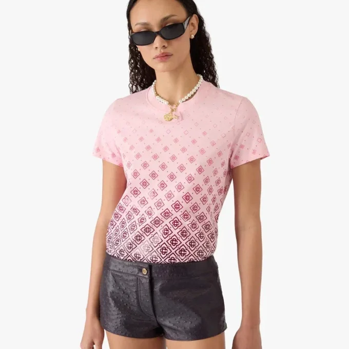 Tricou cu mâneci scurte și monogramă în degrade de culoare aubergine