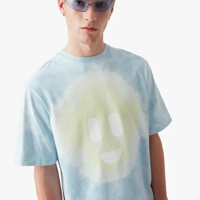 Tricou cu mâneci scurte, oversized, albastru, cu imprimeu Tie Dye și zâmbetul CC