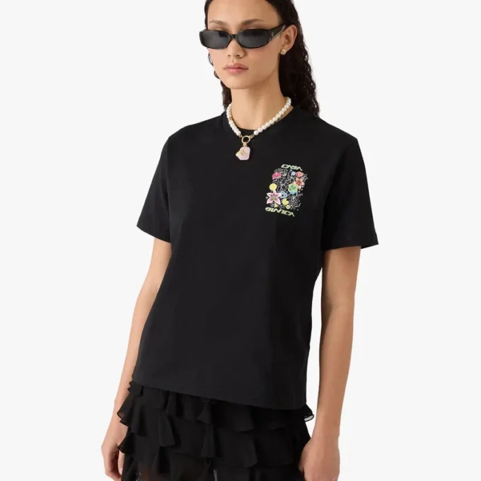 Tricou negru cu mâneci scurte și grafite în dungi