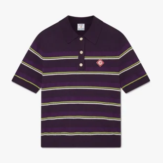 Tricou polo ajustat cu dungi violet și verde