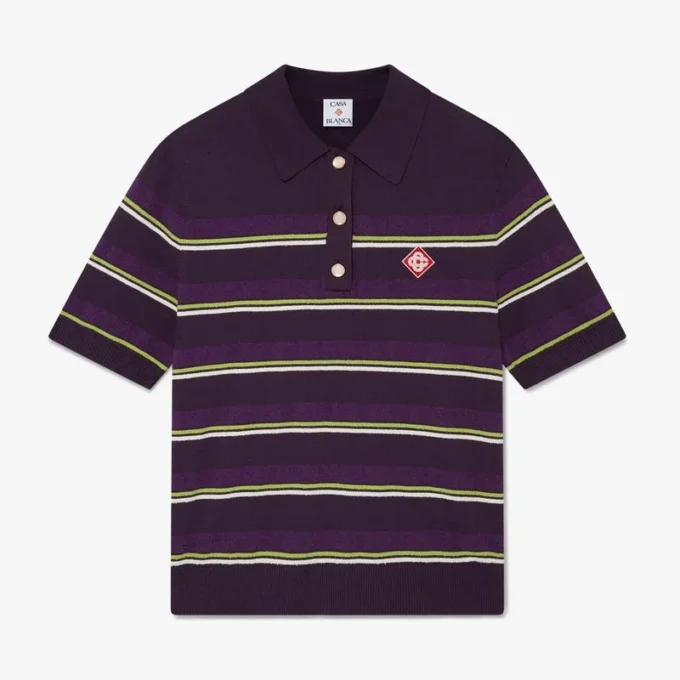 Tricou polo ajustat cu dungi violet și verde Tricou polo ajustat cu dungi violet și verde