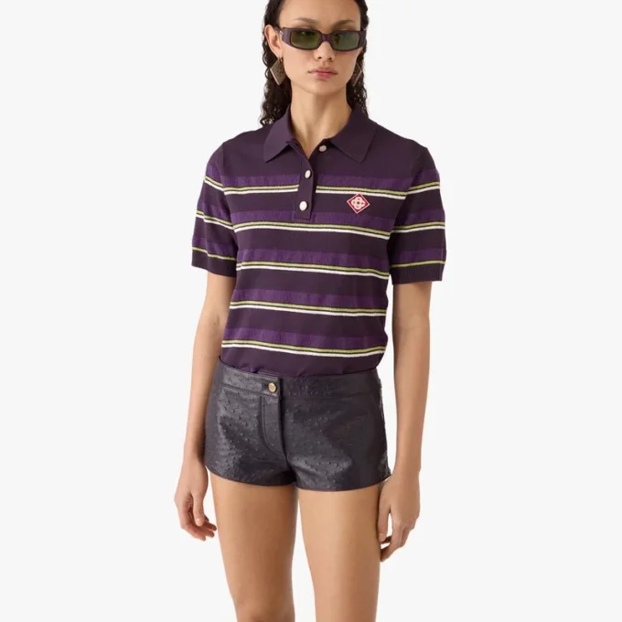 Tricou polo ajustat cu dungi violet și verde Tricou polo ajustat cu dungi violet și verde