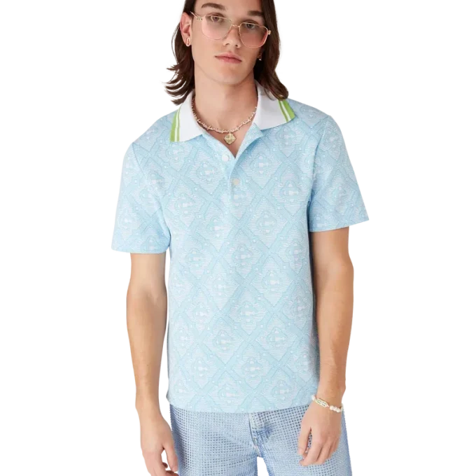 Tricou polo cu mâneci scurte din jacquard albastru pal Tricou polo cu mâneci scurte din jacquard albastru pal