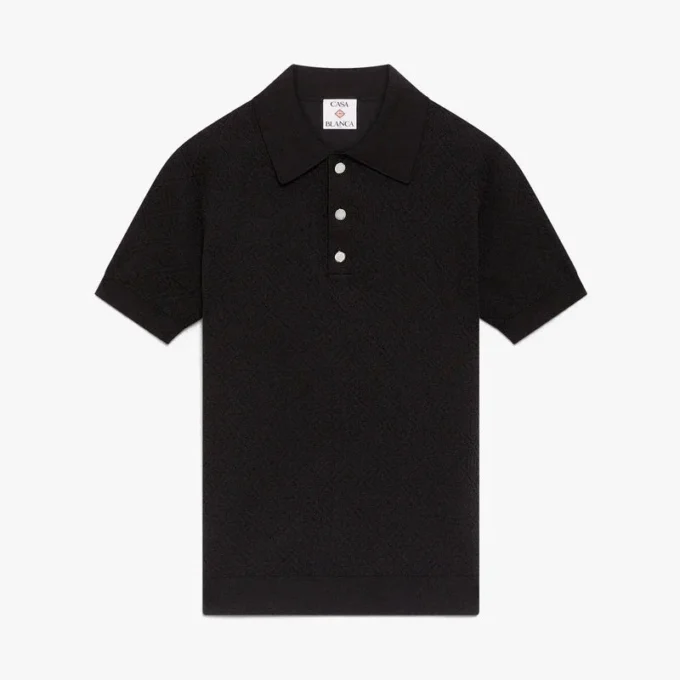 Tricou polo cu mâneci scurte, negru, cu monogramă Pointelle Tricou polo cu mâneci scurte, negru, cu monogramă Pointelle