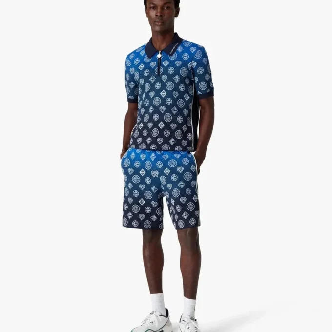 Tricou polo cu mâneci scurte, tricotat, cu monogramă în degrade Tricou polo cu mâneci scurte, tricotat, cu monogramă în degrade