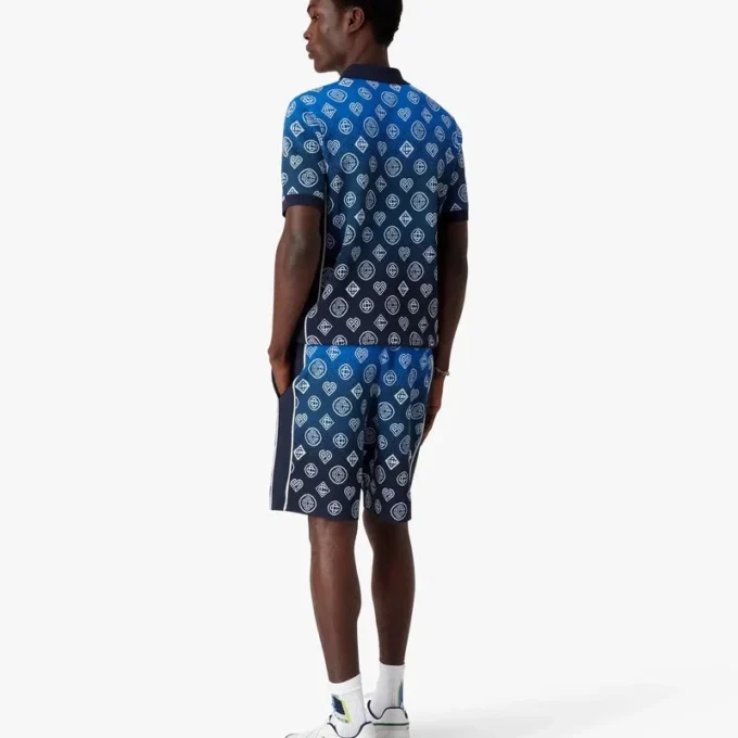 Tricou polo cu mâneci scurte, tricotat, cu monogramă în degrade Tricou polo cu mâneci scurte, tricotat, cu monogramă în degrade