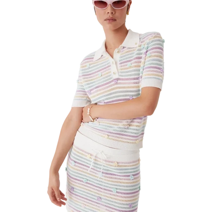 Tricou polo din bumbac croșetat cu dungi florale Tricou polo din bumbac croșetat cu dungi florale