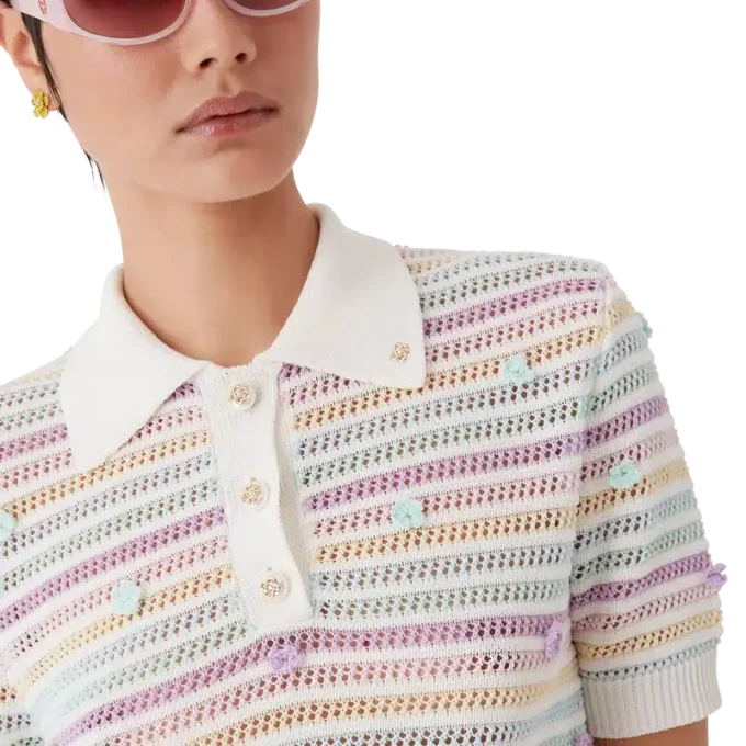 Tricou polo din bumbac croșetat cu dungi florale Tricou polo din bumbac croșetat cu dungi florale