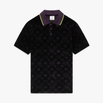 Tricou polo din velur cu monogramă violet