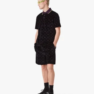 Tricou polo din velur cu monogramă violet