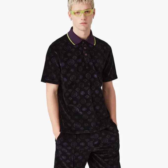 Tricou polo din velur cu monogramă violet Tricou polo din velur cu monogramă violet