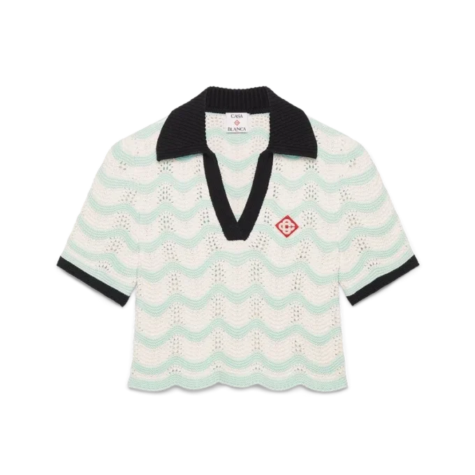 Tricou polo scurt din bumbac croșetat cu model de valuri