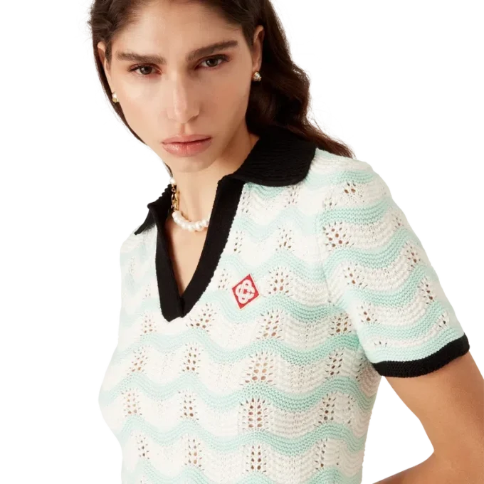 Tricou polo scurt din bumbac croșetat cu model de valuri